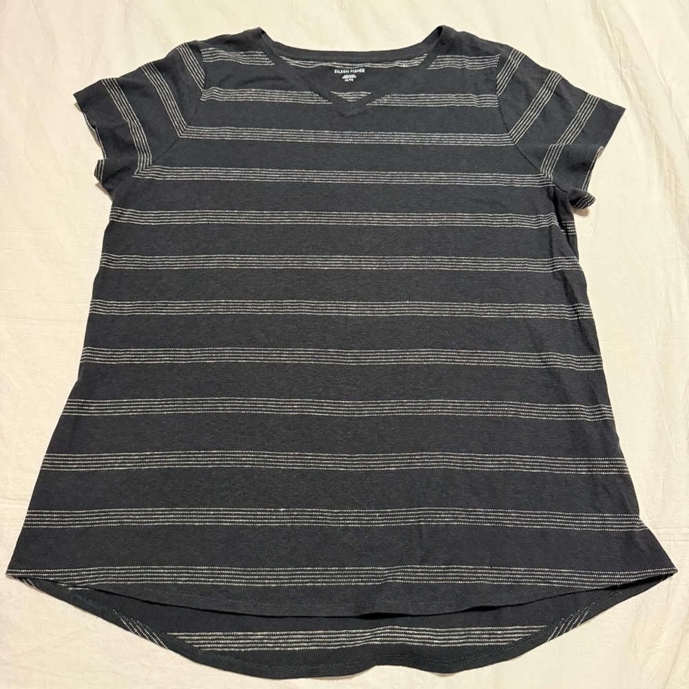Eileen Fisher Dark Gray Short-Sleeve Striped Tee Sz XL Hemp Cotton Blended